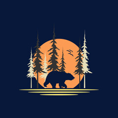 Bear Walking At Night With Full Moon Background For Wild Nature Logo
