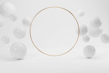 3d rendering luxury white pedestal and gold modern geometry element on white background for product showcase display mockup scene