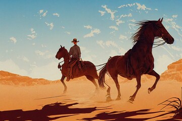 vintage cowboy riding horse in a desert illustration
