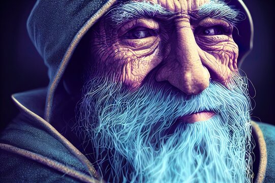 Portrait closeup of a wise Warlock old hooded wizard posing ready to cast an enchanted powerful spell with a blue gradient background. 3d rendering