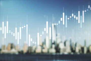 Abstract virtual financial graph hologram on blurry skyline background, forex and investment concept. Multiexposure