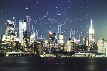 Multi exposure of abstract virtual financial graph hologram on New York skyline background, forex and investment concept
