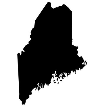 A black silhouette of the state of Maine.