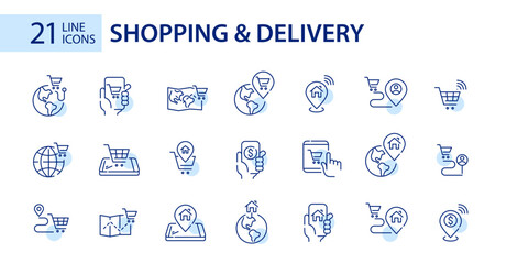 Obraz premium 21 online shopping and worldwide home delivery icons. Pixel perfect, editable stroke line art