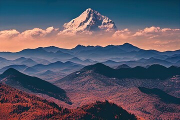 Fototapeta premium Mountain panorama under the blue sky. Beautiful mountain panoramic landscape. Mountain rocks panorama. Mountain landscape