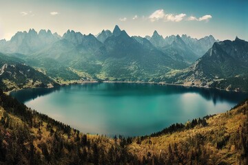 Panorama of a mountain lake. Lake in mountains. Mountain lake panoramic landscape. Mountain lake panorama