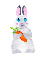 Christmas bunny with a carrot. Christmas watercolor illustration.  The illustration is used for design, Christmas decoration, greeting cards, and holiday invitations.