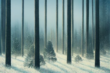 misty straight brown pine forest tree plantation with grass on a cold freezing winter morning