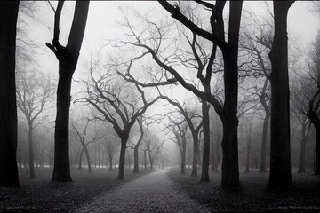 Foggy darkened path leading through the bare trees of a park.