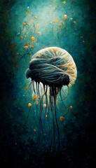isolated Jellyfish on black background, Detailed Illustration of Fantastic jellyfish