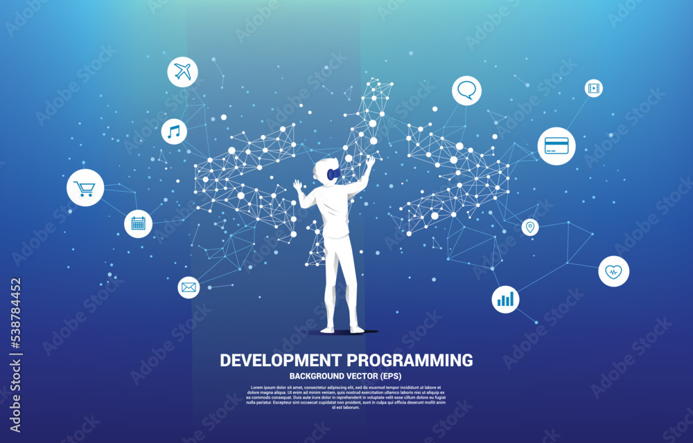 Poster Silhouette man wear VR glasses software development programming tag with polygon dot connect line. Concept of digital virtual reality technology and AR .