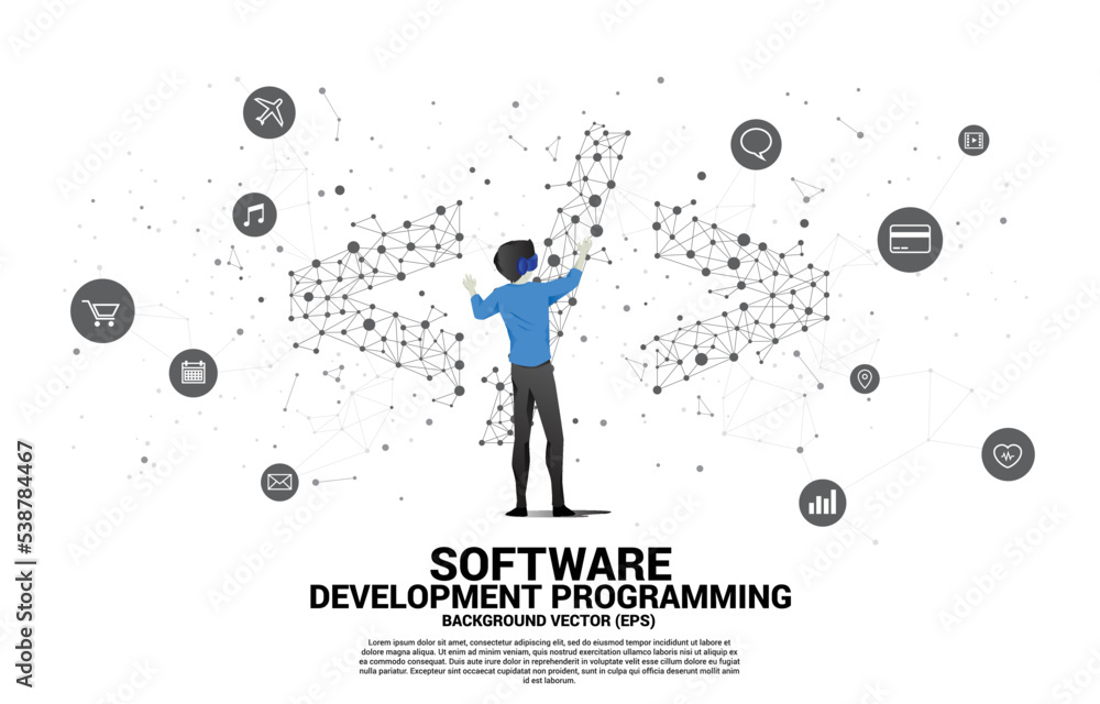 Poster Silhouette man wear VR glasses software development programming tag with polygon dot connect line. Concept of digital virtual reality technology and AR .