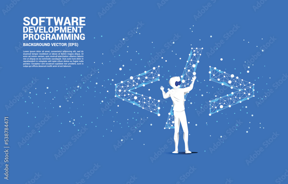 Poster Silhouette man wear VR glasses software development programming tag with polygon dot connect line. Concept of digital virtual reality technology and AR .