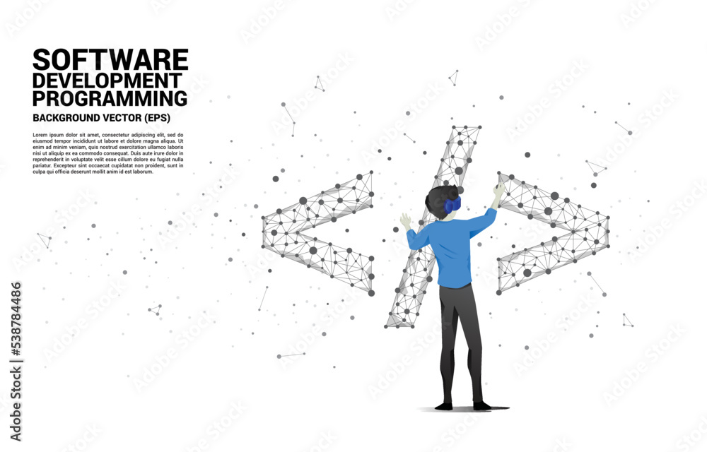 Poster Silhouette man wear VR glasses software development programming tag with polygon dot connect line. Concept of digital virtual reality technology and AR .