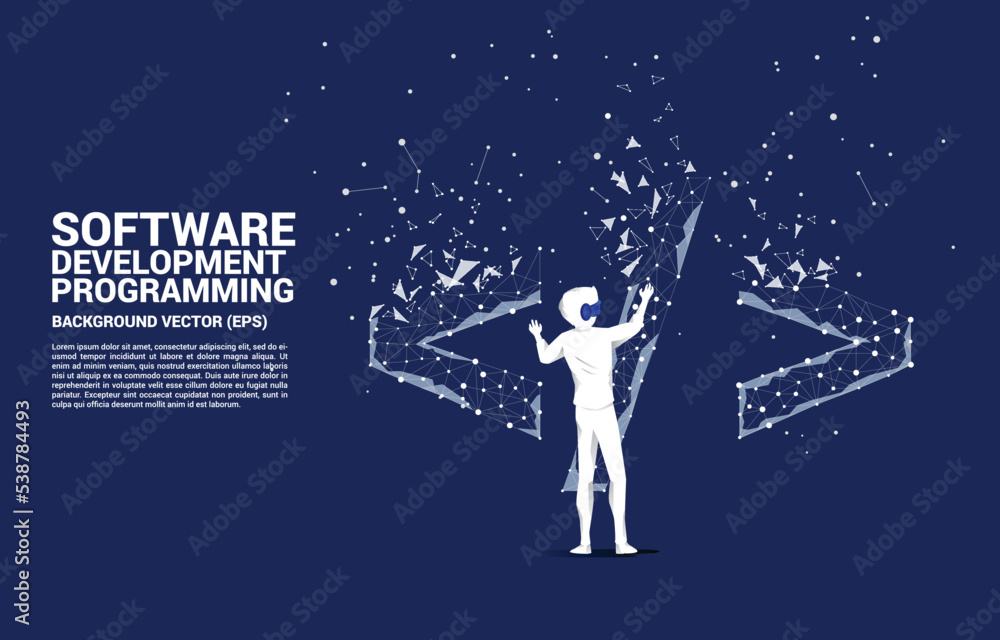 Aufkleber Silhouette man wear VR glasses software development programming tag with polygon dot connect line. Concept of digital virtual reality technology and AR .