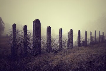 Old graveyard fence on a foggy day. 3D Rendering, illustration