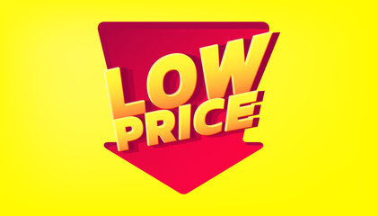 Low price red arrow down discount label, Promo offer for sale, tag, Cost reduction, Price off Promotion, Rebate sticker or emblem isolated on yellow background. vector