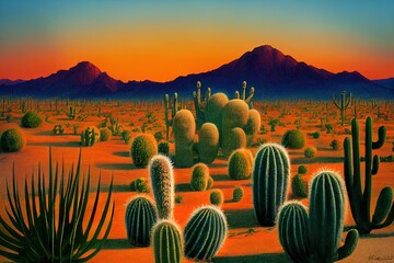 Desert landscape with cactus, hills and mountains silhouettes. Sunset in the Mexican desert. Silhouettes of cacti and plants. Desert landscape with cactuses.