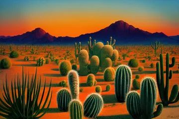 Foto auf Acrylglas Wüstenlandschaft mit Kakteen, Hügeln und Bergsilhouetten. Sonnenuntergang in der mexikanischen Wüste. Silhouetten von Kakteen und Pflanzen. Wüstenlandschaft mit Kakteen. © 2rogan