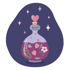 Love potion. Witch magic decoction. Bottle of aphrodisiac. Formula of love. Halloween. Vector illustration.