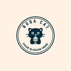 Cute cat drinking bubble tea or boba mascot logo