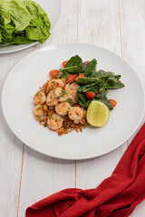 Grilled Shrimp and Brown Coconut Rice with Leafy Vegetables