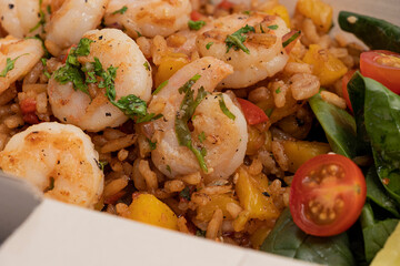 Grilled Shrimp and Brown Coconut Rice and Split Cherry Tomatoes