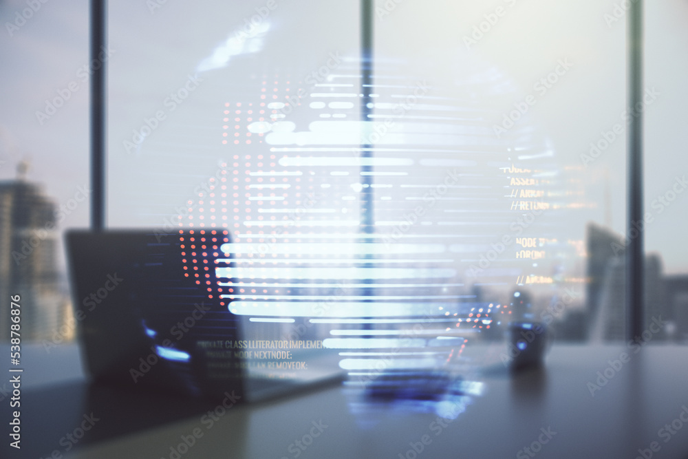Aufkleber multi exposure of abstract software development hologram with world map and modern desktop with lapt