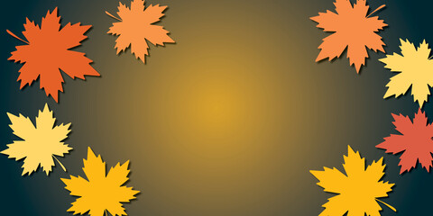 Naklejka na ściany i meble Colorful variegated foliage with light on dark background. Autumn or fall leaves and thanksgiving day concept. shadow overlay. copy space for the text. illustration paper cut design style.