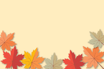 Naklejka na ściany i meble Colorful variegated foliage on pastel background. Maple leaves backdrop. Autumn or fall leaves and thanksgiving day concept. shadow overlay. copy space for text. illustration paper cut design style.