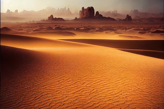 Safari and travel to Africa, extreme adventures or science expedition in a stone desert. Sahara desert at sunrise, mountain landscape with dust on skyline, hills and traces of the off road car.