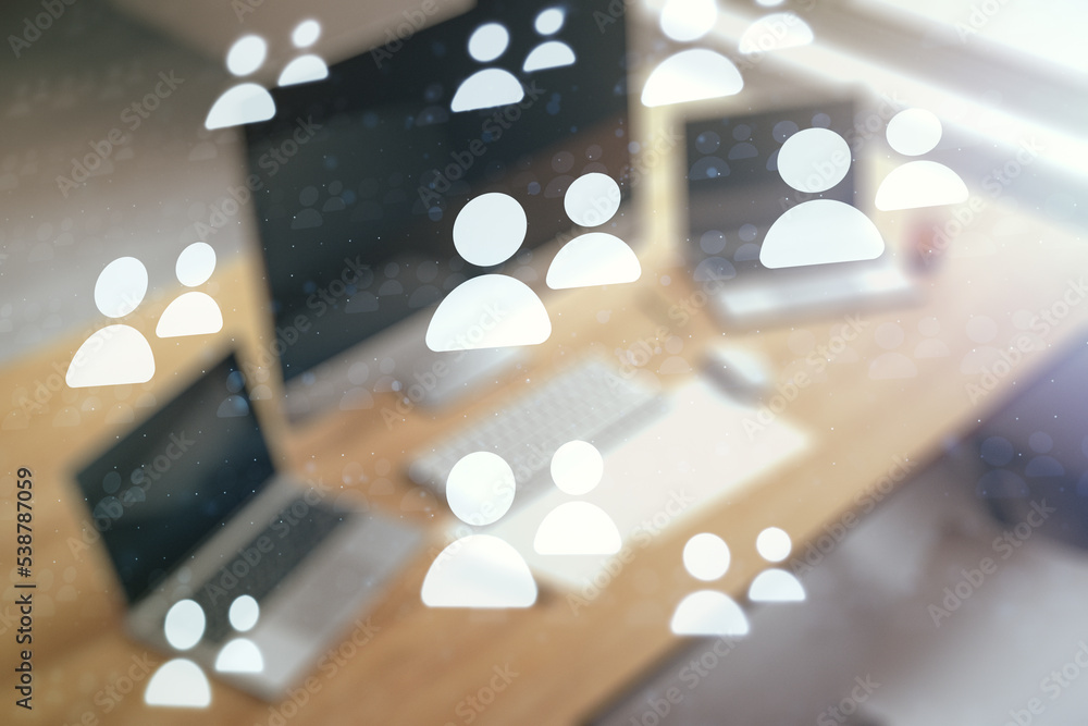 Poster double exposure of social network icons concept and modern desk with computer on background. network