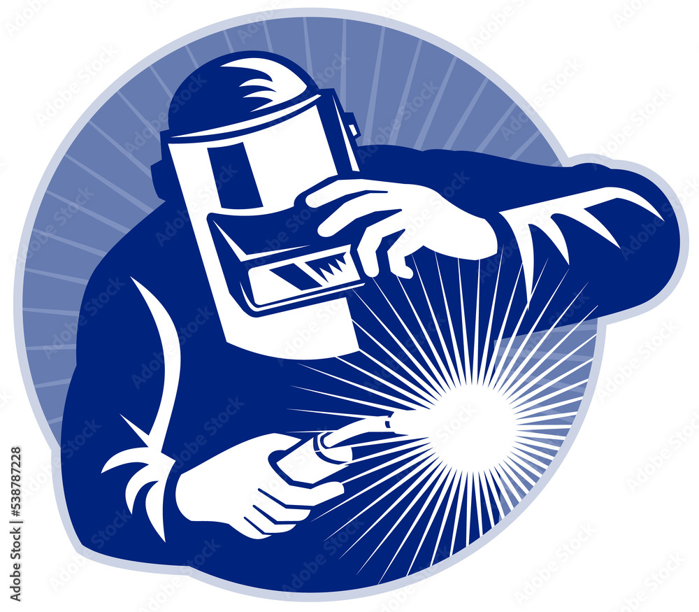 Poster llustration of a welder at work welding set inside circle done in retro style.