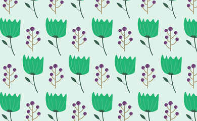 Seamless pattern with a green flower and a sprig of berries