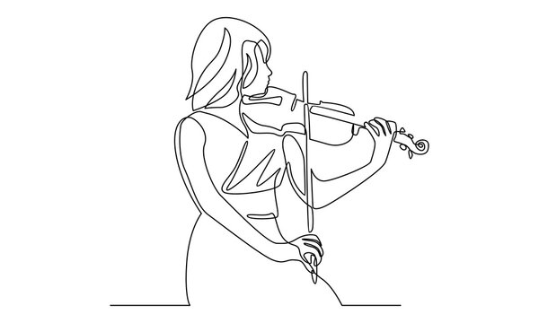 continuous line of young female violinist performing to play violin