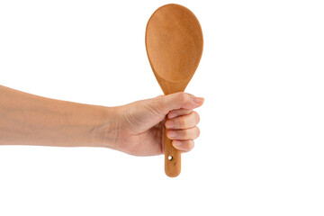 Hand and rustic wooden spoon isolated on transparent background 
