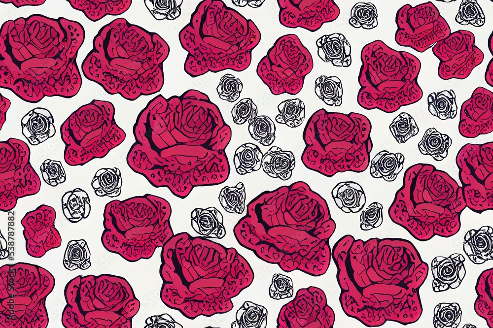 Wall mural Skull and roses seamless pattern. Hand drawn 2d illustration illustration. Fabric design template. Skull background.