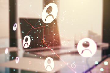 Double exposure of social network icons concept with modern laptop on background. Marketing and promotion concept