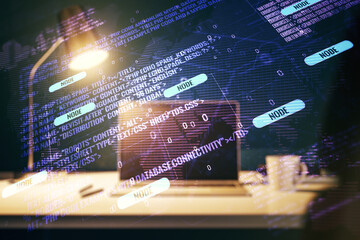 Double exposure of abstract creative programming illustration with world map on computer background, big data and blockchain concept