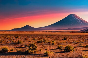 A volcano in the middle of the desert. Volcanic mountain desert panorama. Volcanic mountains panoramic landscape. Panorama od volcanic mountain in desert