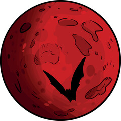 Red moon with a bat spooky doodle. Halloween comic style hand drawn element isolated on white background. Vector graphic illustration for stickers, prints, laser cut files