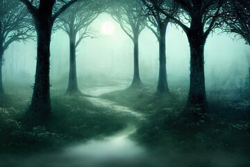 Fototapeta premium Archway in an enchanted fairy forest landscape, misty dark mood, can be used as background