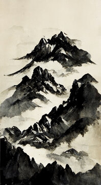 sumi-e painting of Asian traditional mountain landscape