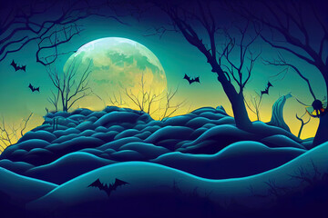 Realistic halloween background with creepy landscape of night sky fantasy forest in moonlight 2d illustration