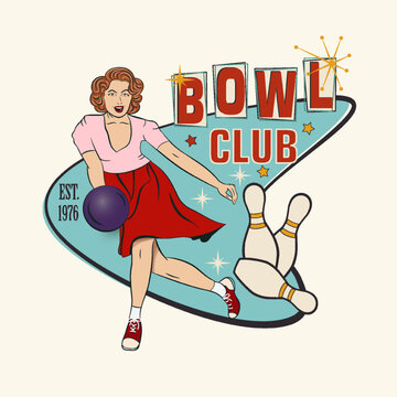 Bowling vintage poster with girl playing bowling in club.