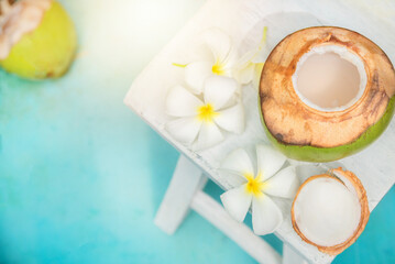 Fototapeta na wymiar coconut juice . Fresh coconut water, young coconut drink.