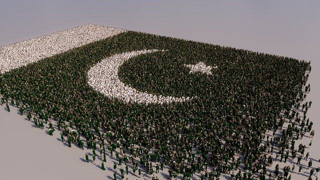Pakistani Flag formed from a Crowd of People. Banner of Pakistan on White.
