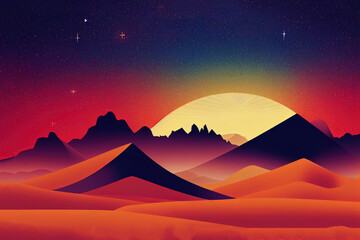 desert day, mountain, sky, star, Arizona desert dreams with light blast 2d graphic print artwork for apparel, stickers, background and others. Desert night view retro vintage illustration.