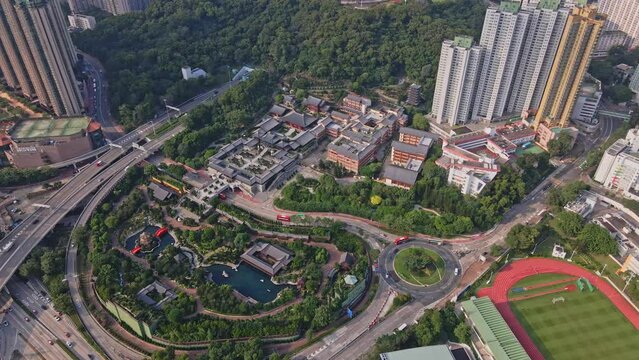 Chinese Temple Chi Lin Nunnery and Nan Lian Garden in Diamond Hill Hong Kong; Aerial Drone