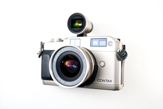 Bangkok/Thailand - October 17, 2022 : The advanced rangefinder film 35mm camera system in name Contax G since 1990s with Carl Zeiss Biogon T* 21mm f2.8 Ultra Wide-angle lens.Still popular until today.